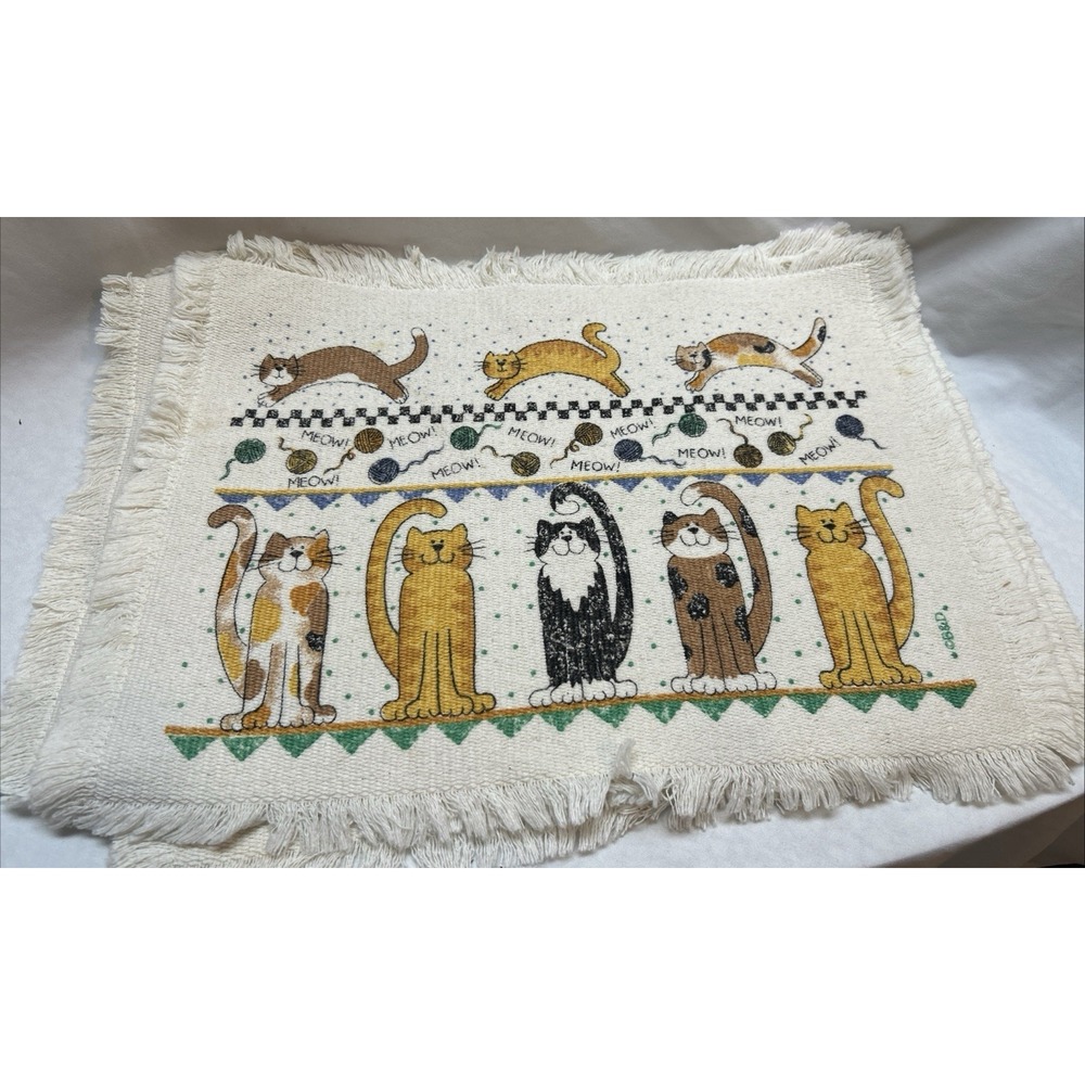 Vtg Set Of 5 B&D Playful Smiling Cats pattern Cotton Placemats Tapestry Kitty